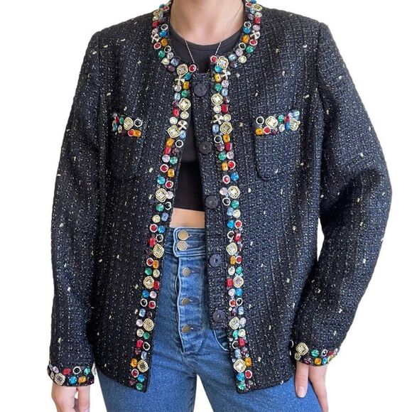 Vintage 80s Berek Black Tweed Rainbow Jeweled Beaded Blazer Jacket XL - Picture 3 of 10